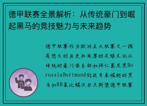 德甲联赛全景解析：从传统豪门到崛起黑马的竞技魅力与未来趋势