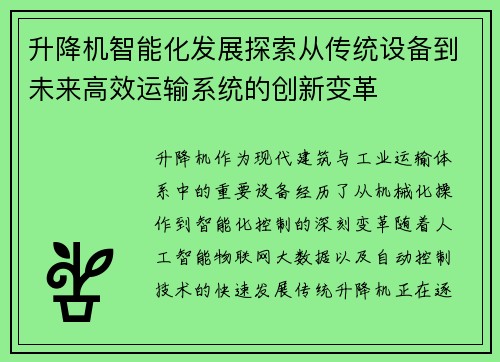 升降机智能化发展探索从传统设备到未来高效运输系统的创新变革