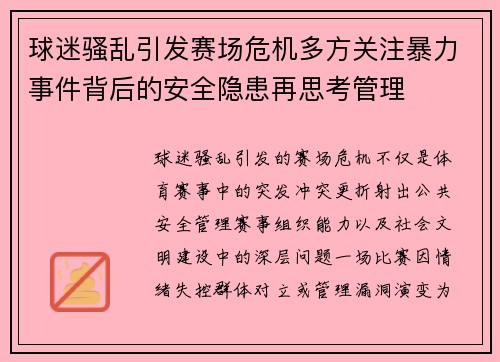 球迷骚乱引发赛场危机多方关注暴力事件背后的安全隐患再思考管理 球迷骚乱引发赛场危机多方关注暴力事件背后的安全隐患再思考管理