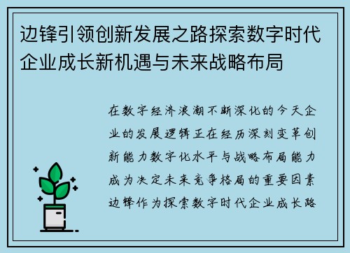 边锋引领创新发展之路探索数字时代企业成长新机遇与未来战略布局 边锋引领创新发展之路探索数字时代企业成长新机遇与未来战略布局